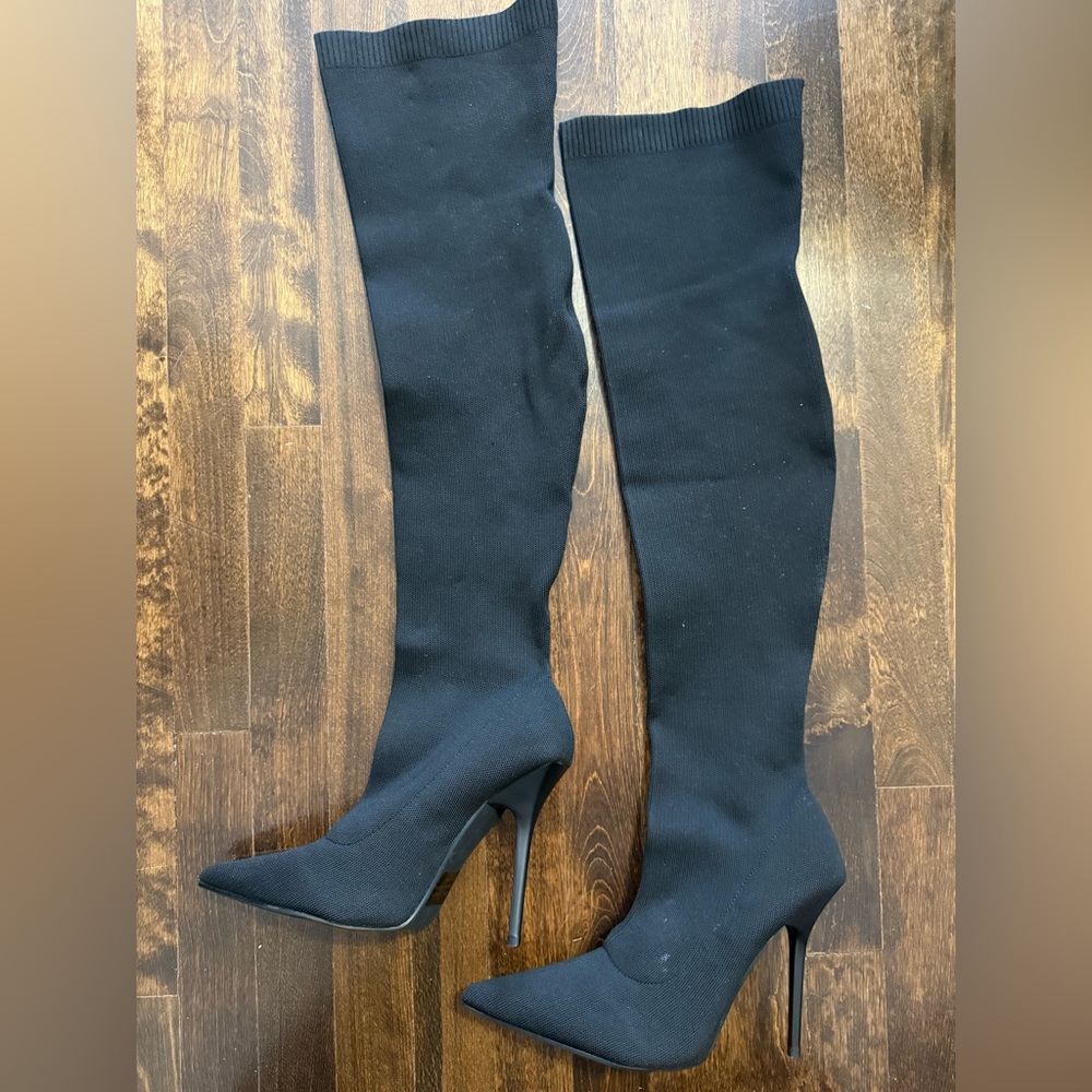 Fashion Nova | Black Knit Thigh-High Pointed Toe Stiletto Boots